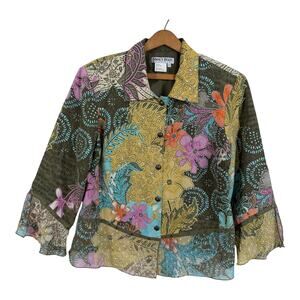 Vintage Nancy Bolen City Girl Silk Blazer Jacket Large Floral Flare Sleeves Boho